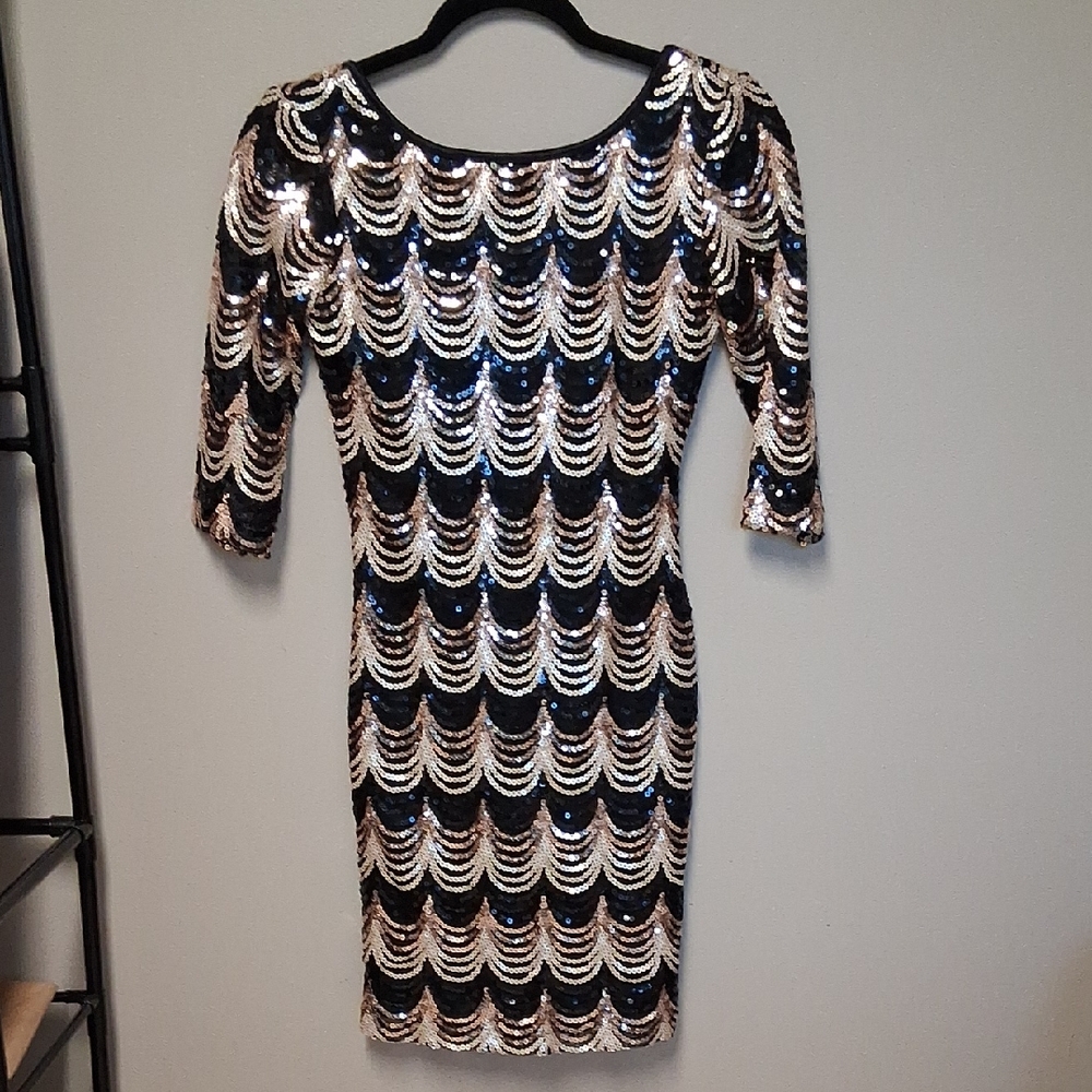 Crystal Doll Black and Gold Sequin Mini Dress